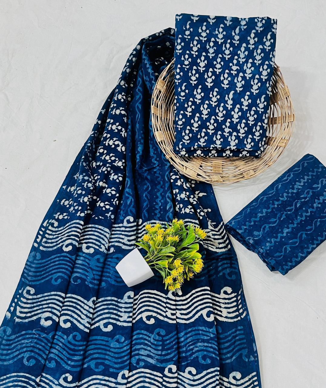Wholesale Handblock Printed Cotton Mul Mul Dress Material Set with Mul Dupatta – Indigo Color, Handcrafted in Rajasthan for Designers, Boutiques, and Bulk Orders
